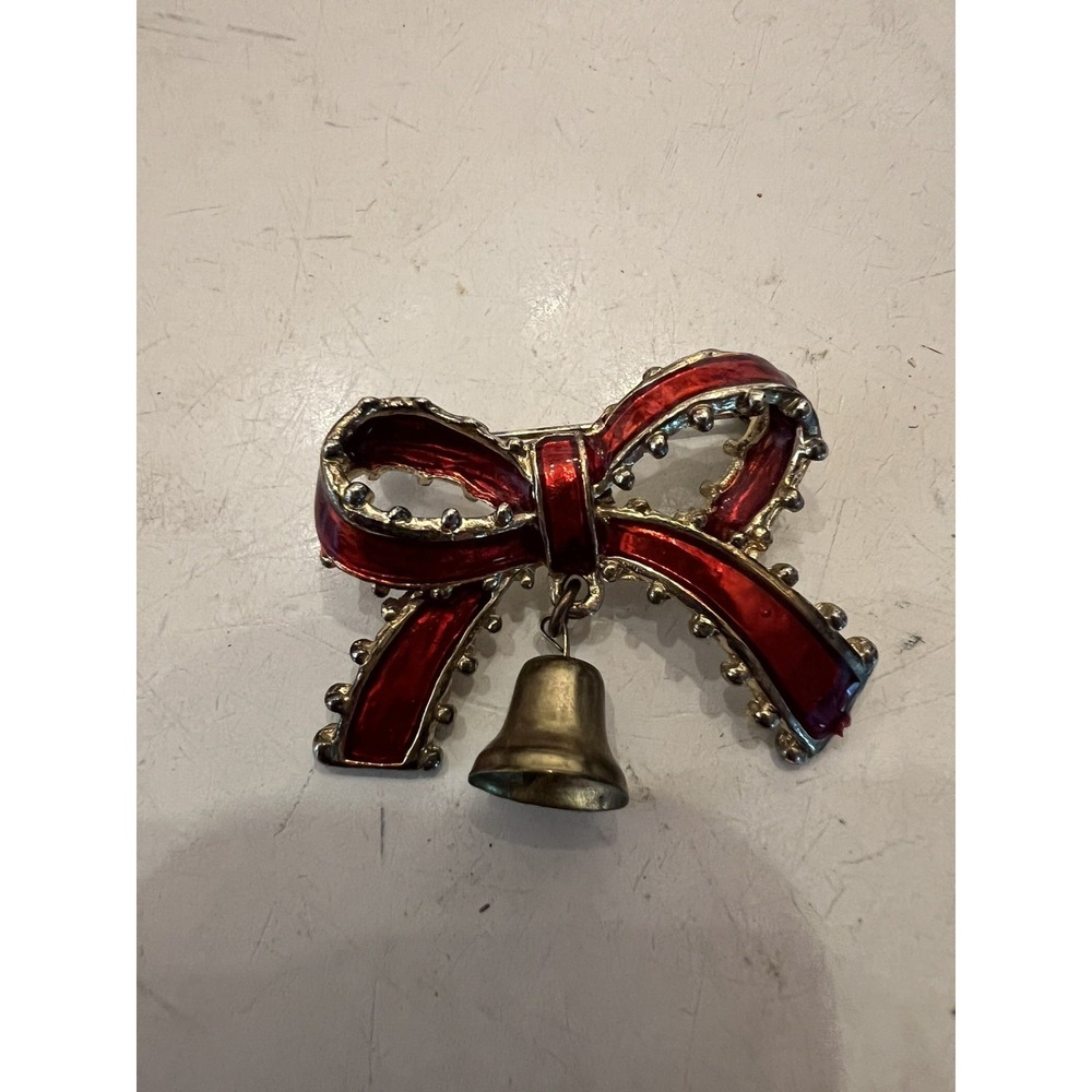 Vtg Bow With Bell Enamel Red And Gold Christmas Brooch